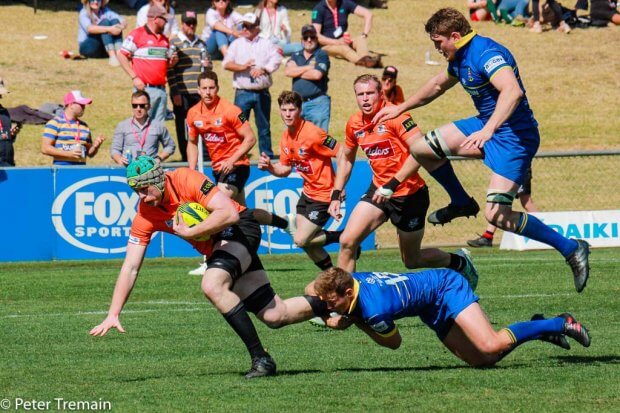 Lachlan Swinton leaps in defense Sydney v NSW Country NRC 2019 (Credit Peter Tremain)