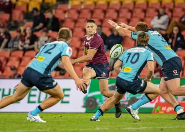 James O'Connor kicks through QLD Reds v NSW Waratahs 2020 Photo Credit QRU Brendan Hertel