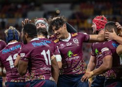 Jordy Petaia celebrates Brumbies v Reds Super Rugby 2020 (Photo Credit QRUBrendan Hertel)