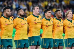 Taniela Tupou , Folau Faingaa, Angus Bell , Noah Lolesio, Filipo Daugunu and Tate McDermott during anthems