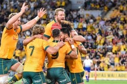Wallabies celebrate Tom Wright's early try